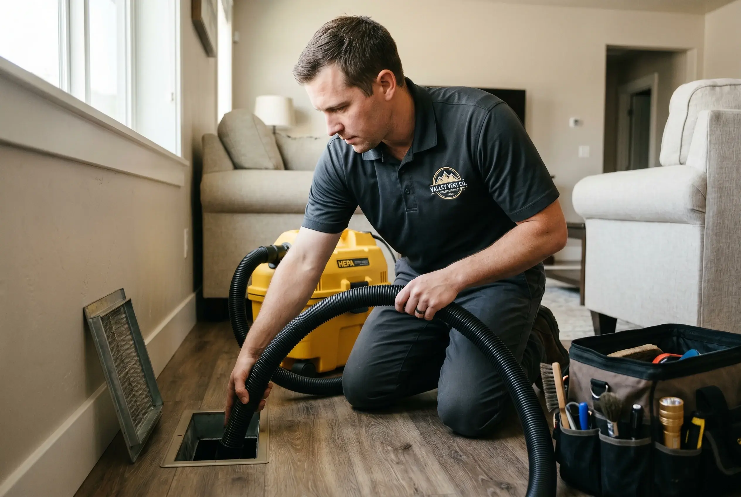 Technician connecting a HEPA vacuum to a floor air duct register in a Boise home
