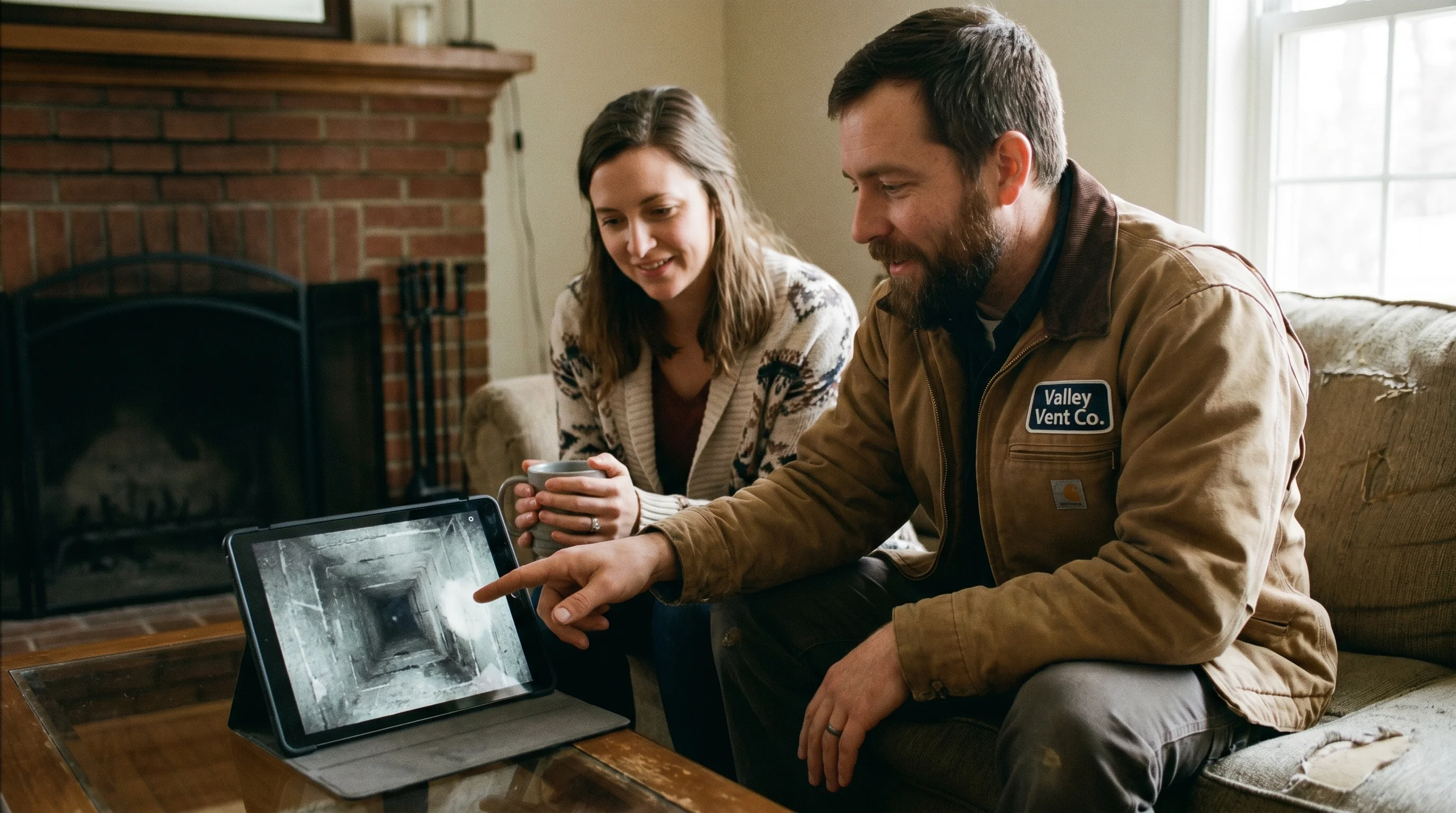 Valley Vent Co. technician and a homeowner looking together at a tablet showing live chimney camera footage