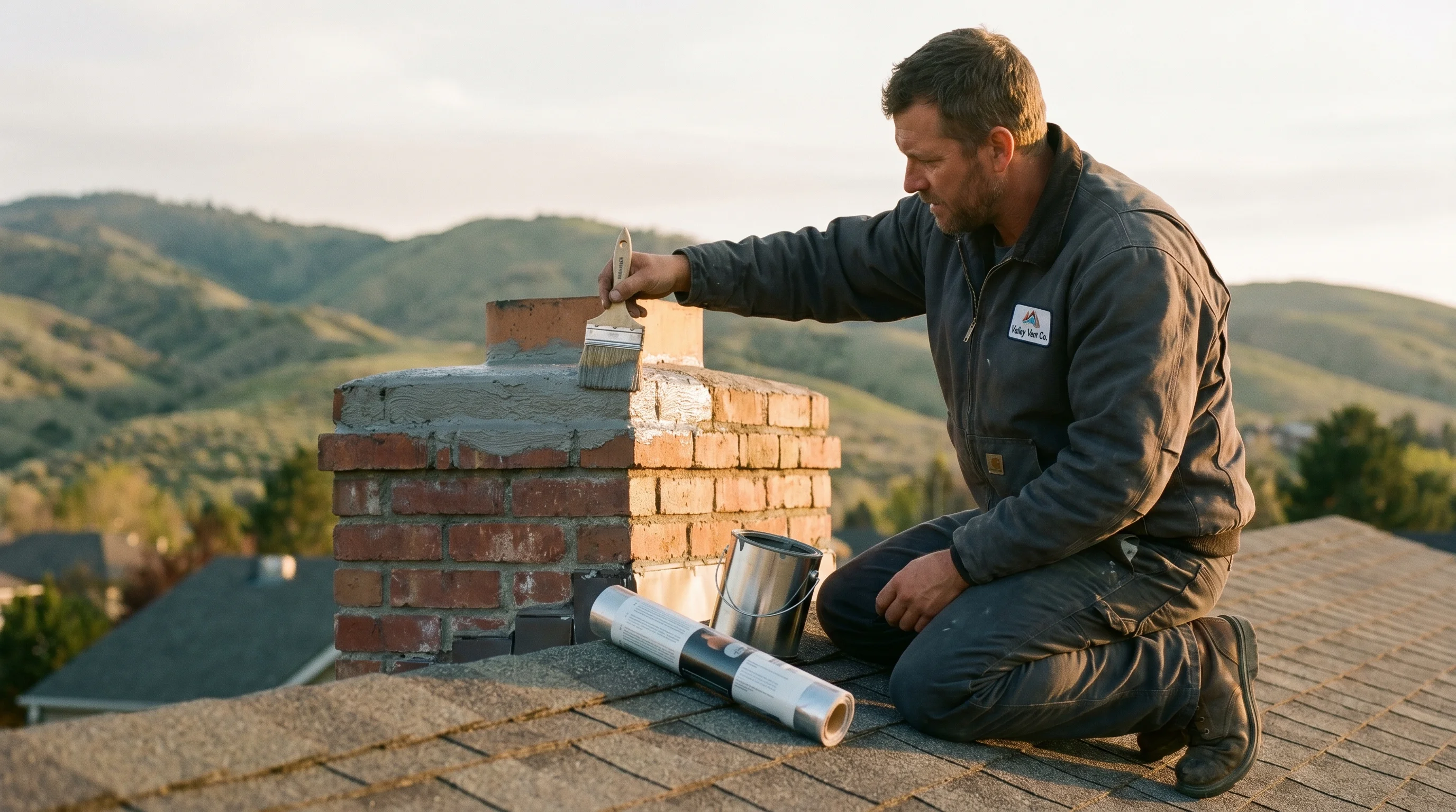 Valley Vent Co. technician on a Treasure Valley rooftop applying crown wash sealant across a brick chimney crown