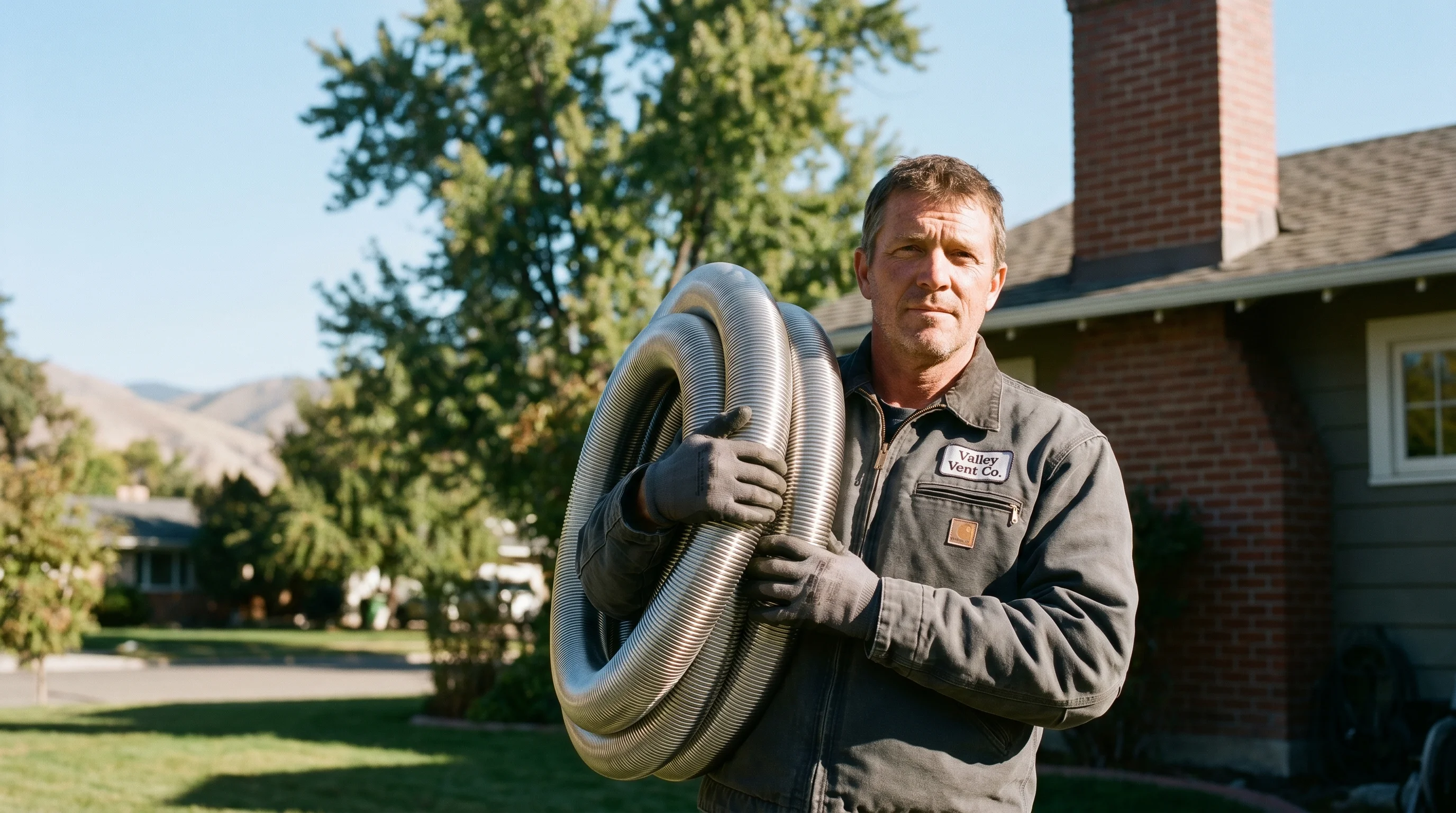 Valley Vent Co. technician outside a Treasure Valley home holding a coiled flexible stainless steel chimney liner
