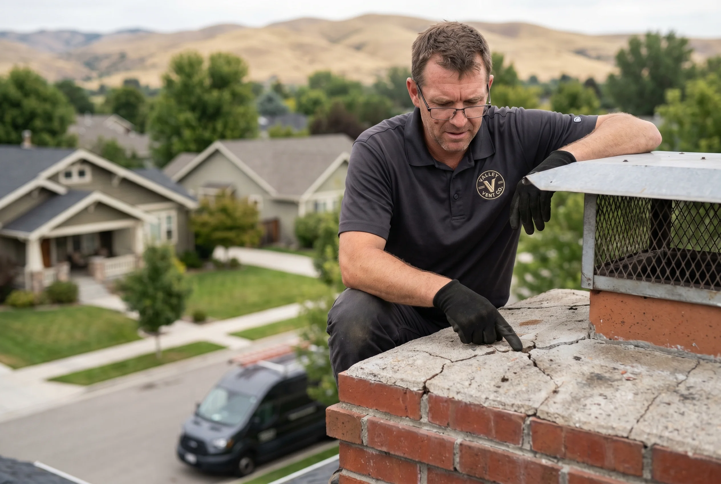 Technician inspecting a cracked chimney crown on a Treasure Valley home