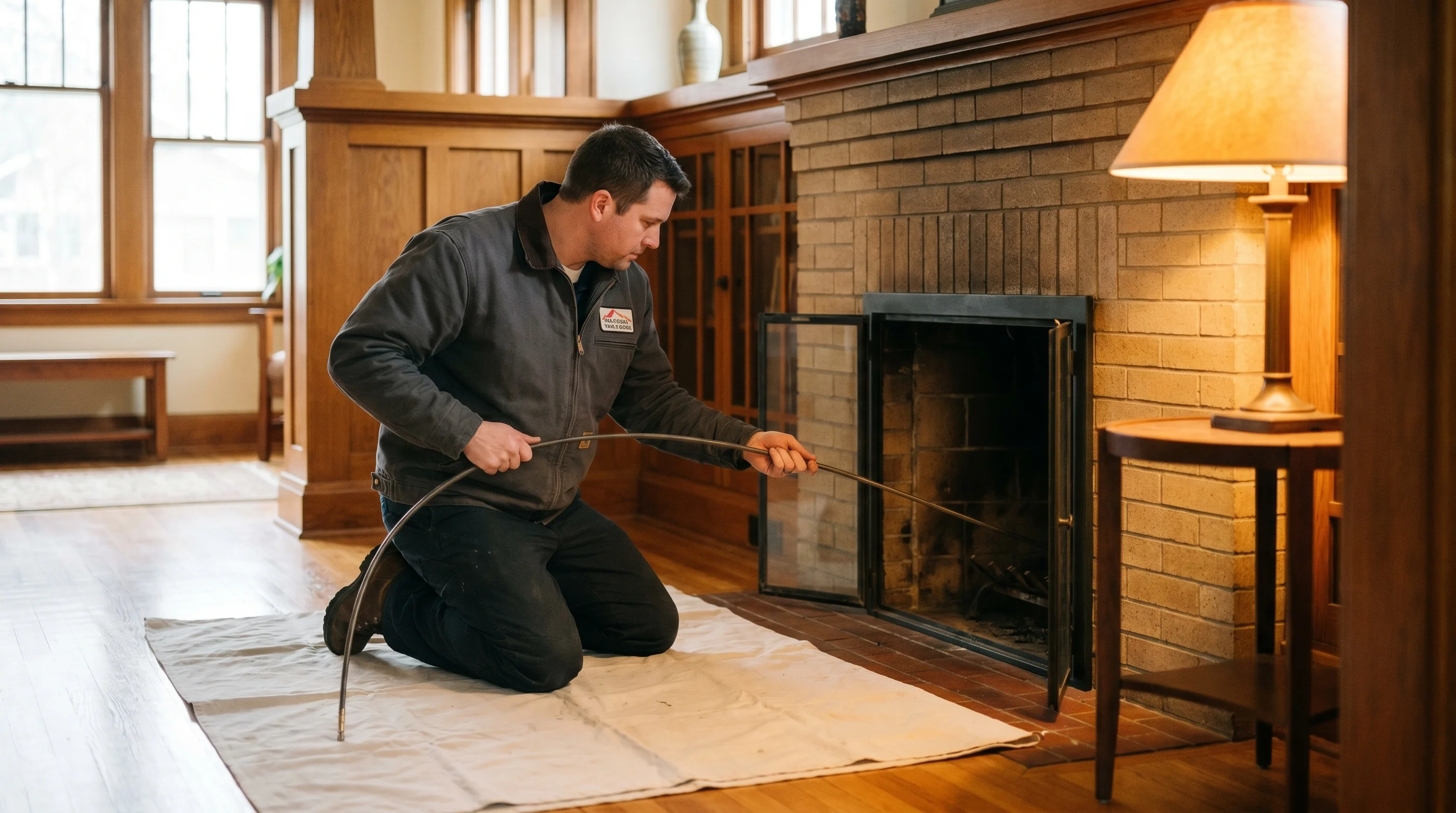 Valley Vent Co. technician kneeling on a drop cloth feeding a chimney rod into a brick masonry fireplace