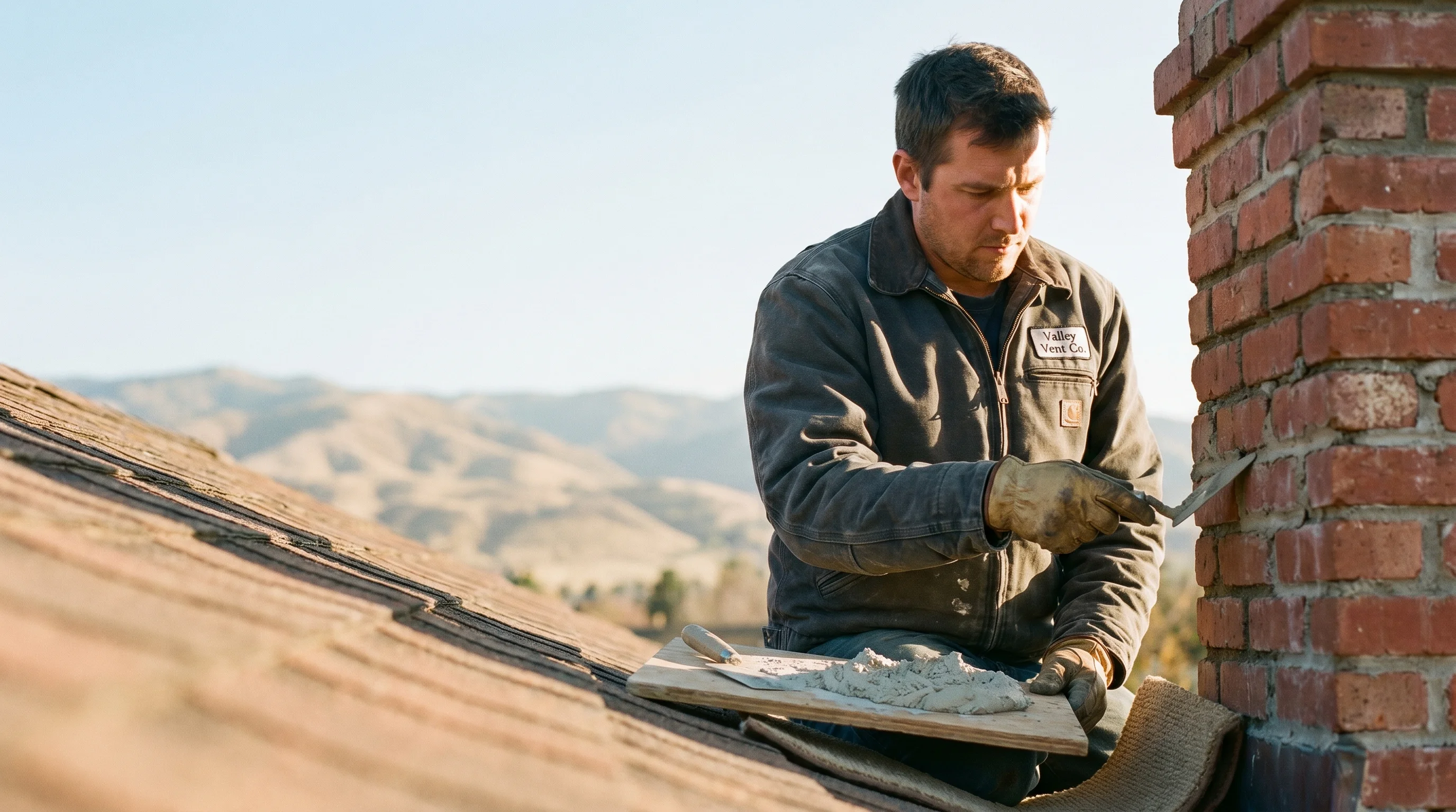 Valley Vent Co. technician on a Treasure Valley rooftop applying fresh mortar between bricks with a pointing trowel