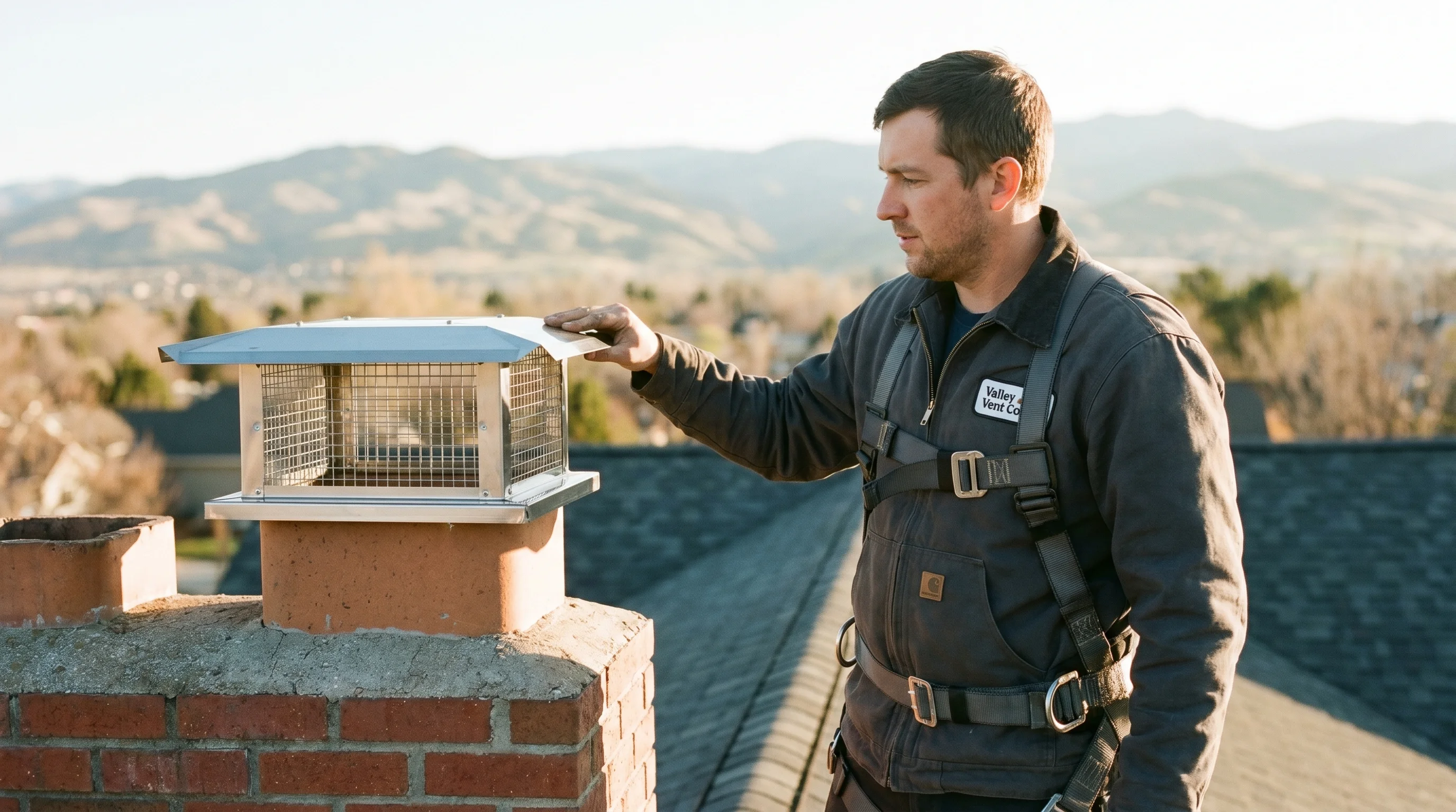 Valley Vent Co. technician on a residential rooftop holding a new stainless steel chimney cap with built-in wildlife screen