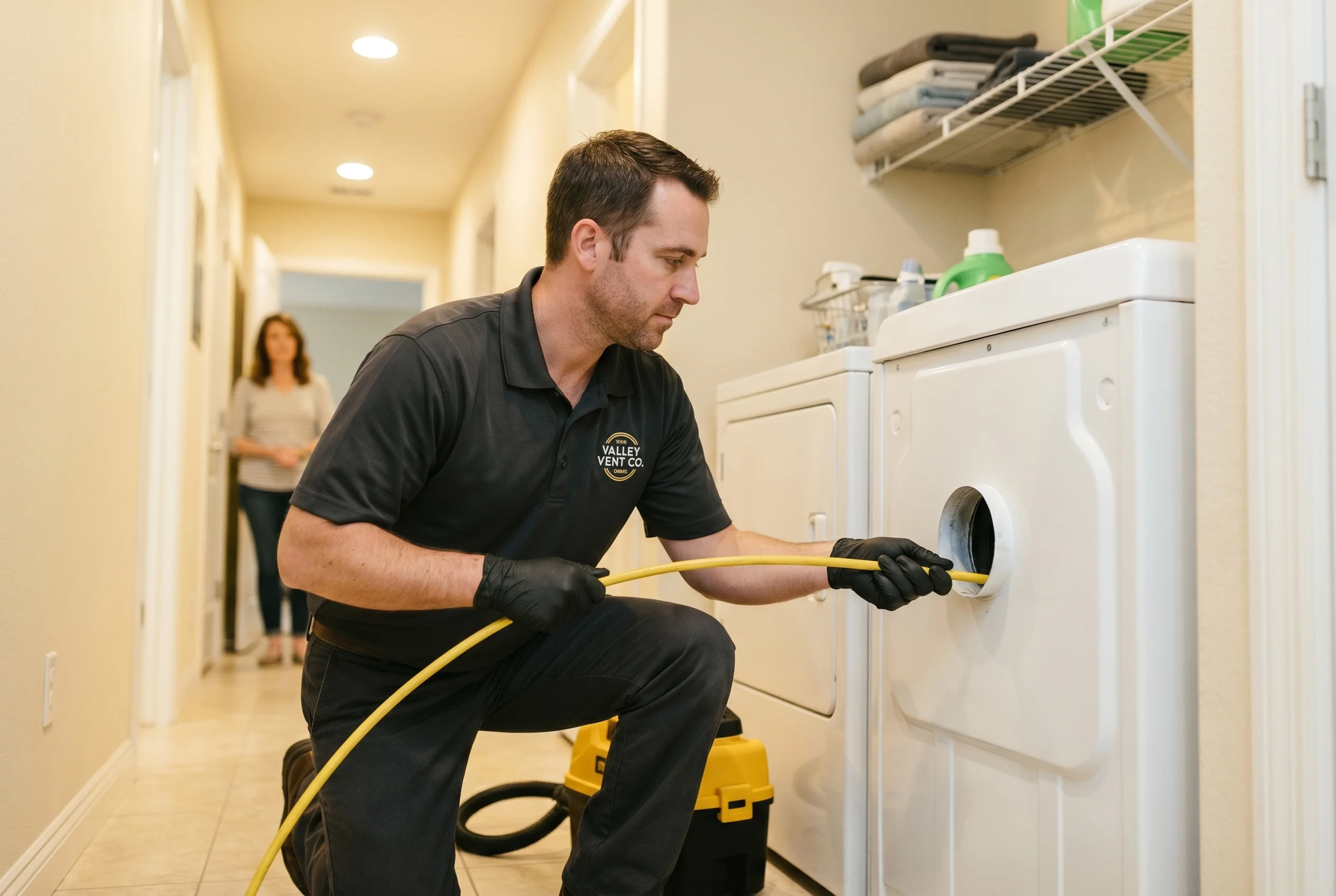 Valley Vent Co. technician cleaning a dryer vent hose inside a home