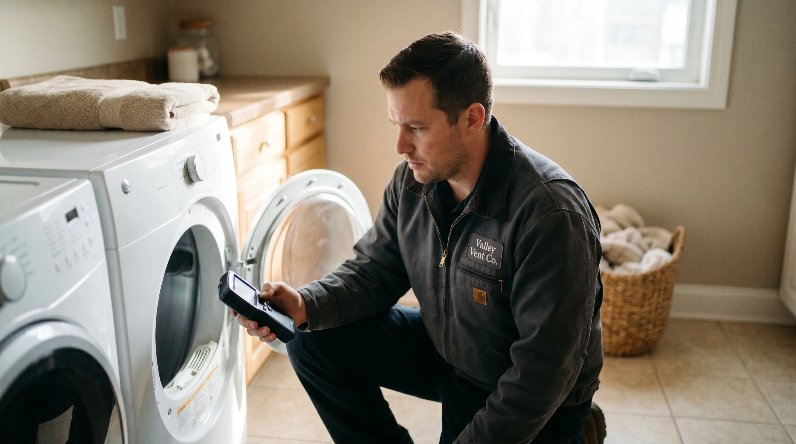 Valley Vent Co. technician kneeling beside a white front-loader dryer in a laundry room, reading a handheld airflow meter