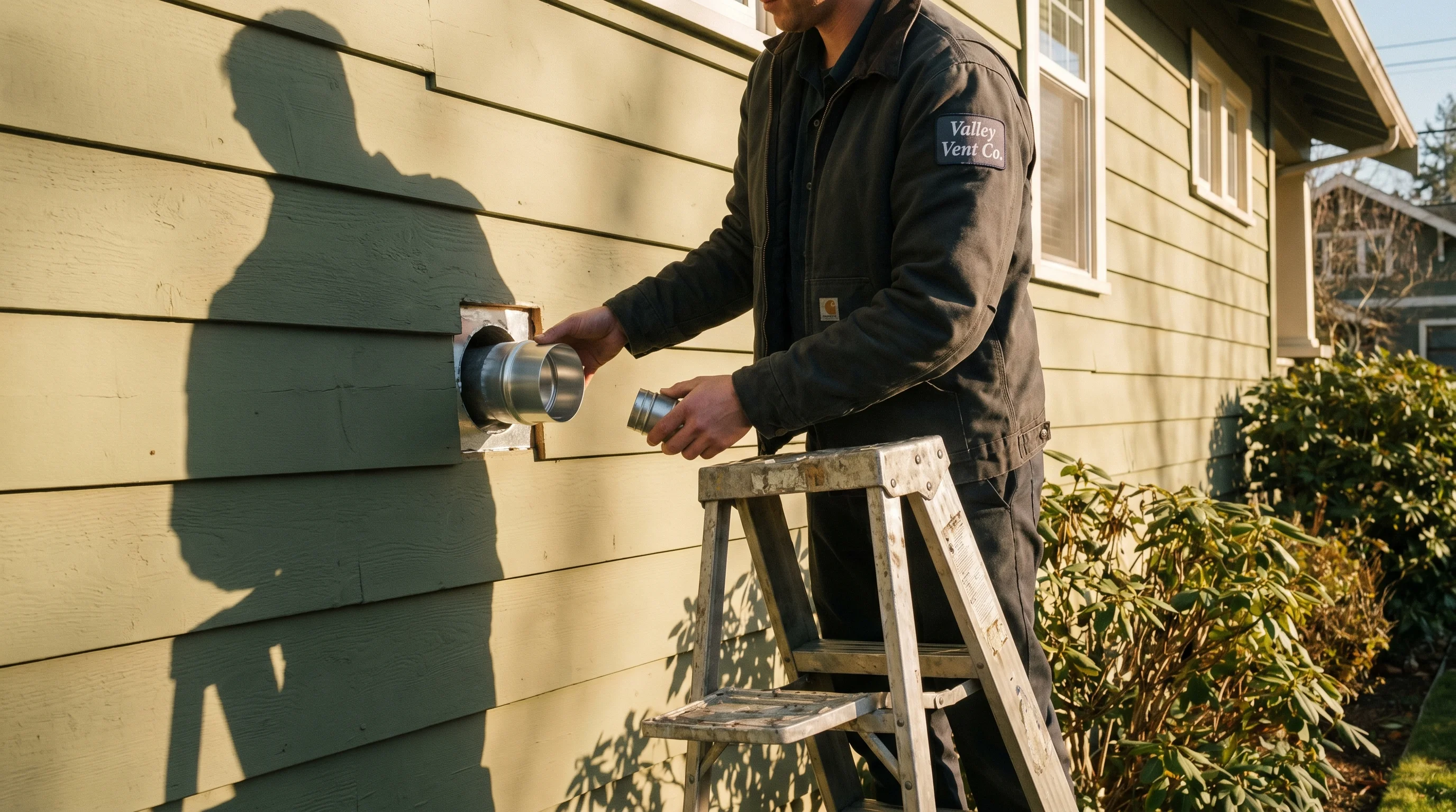 Valley Vent Co. technician on a step-ladder installing an aluminum dryer vent termination cap into an exterior wall