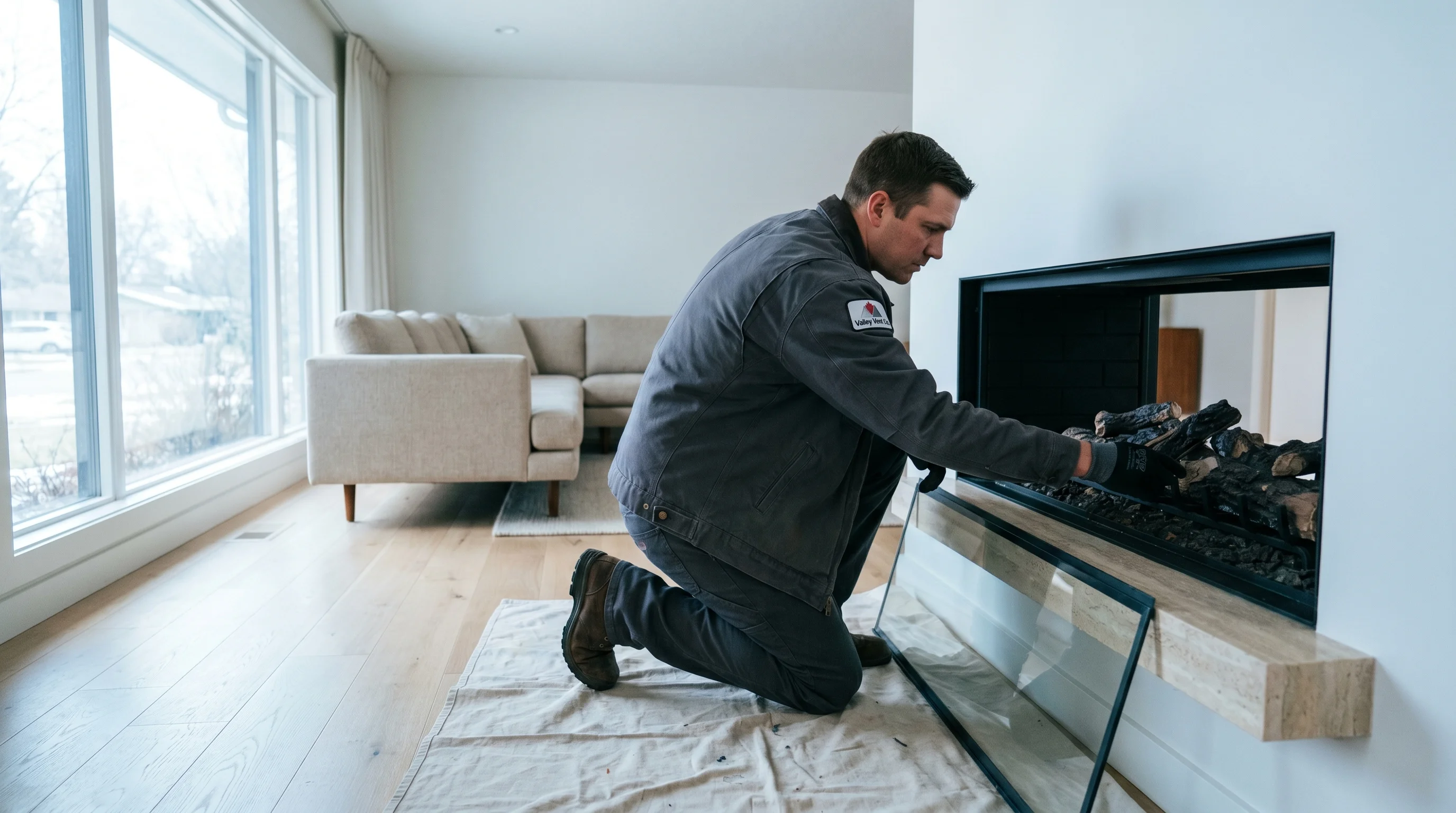 Valley Vent Co. technician kneeling at a modern linear gas fireplace inside a contemporary Boise home