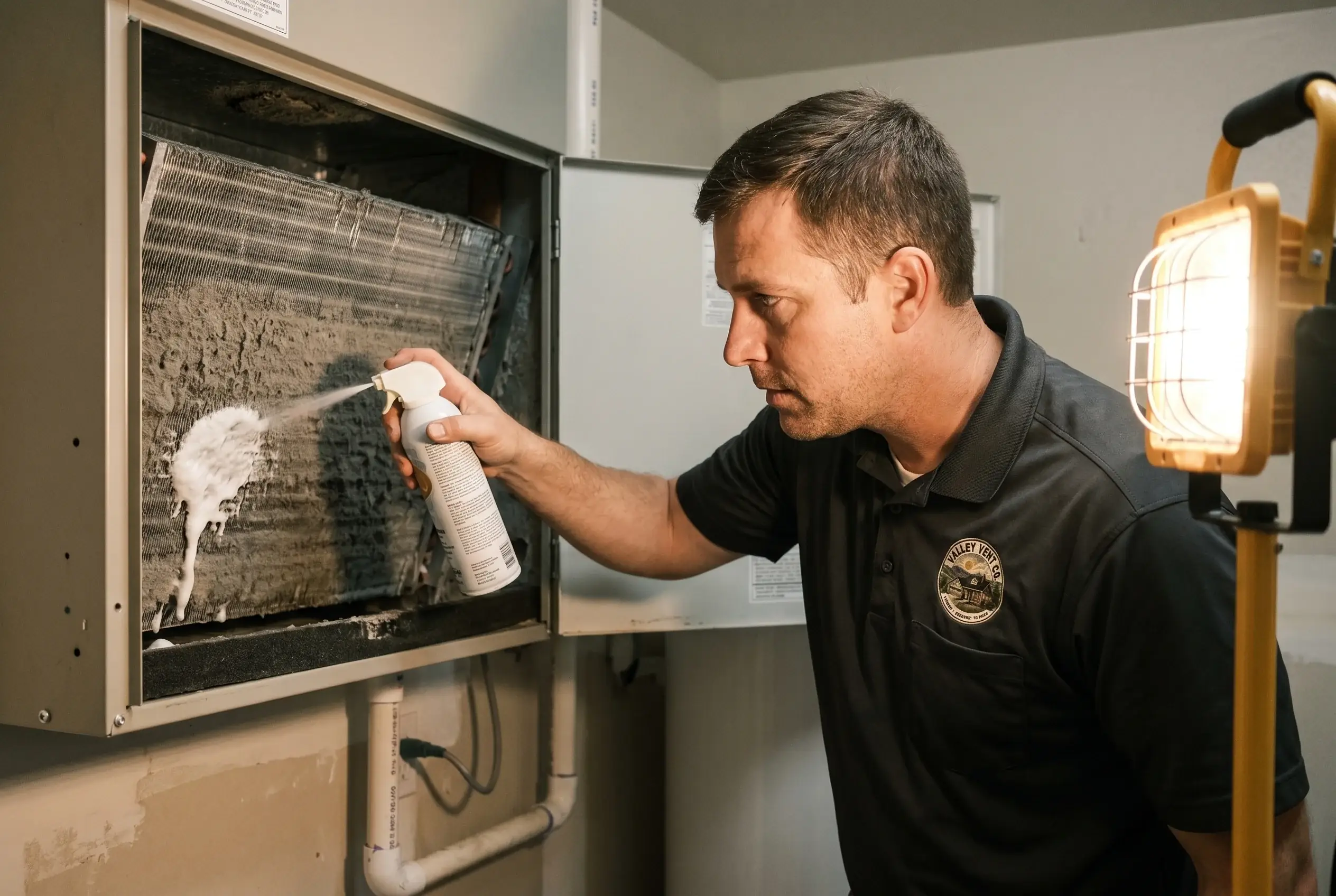 Technician applying coil cleaner to a dirty HVAC evaporator coil in a utility room