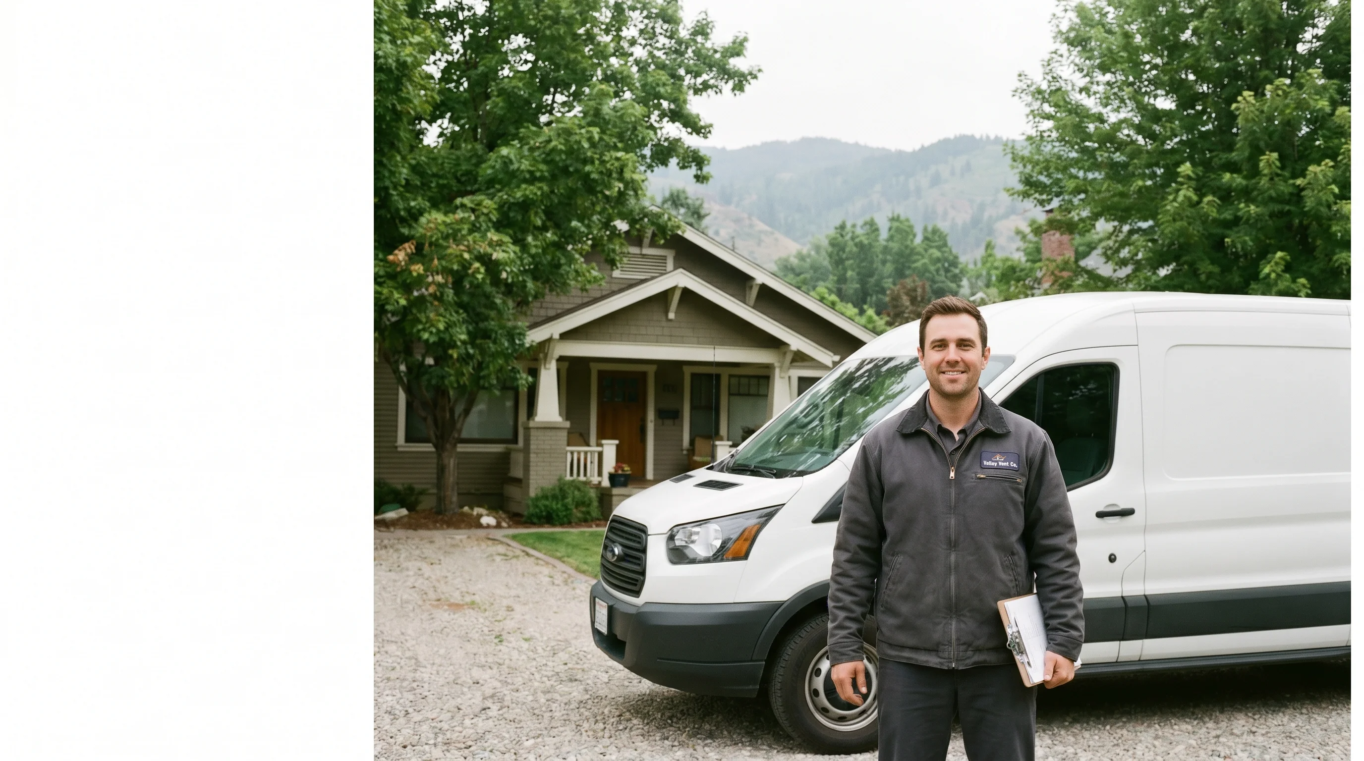 Valley Vent Co. technician standing beside a branded service van in the driveway of a Treasure Valley craftsman home