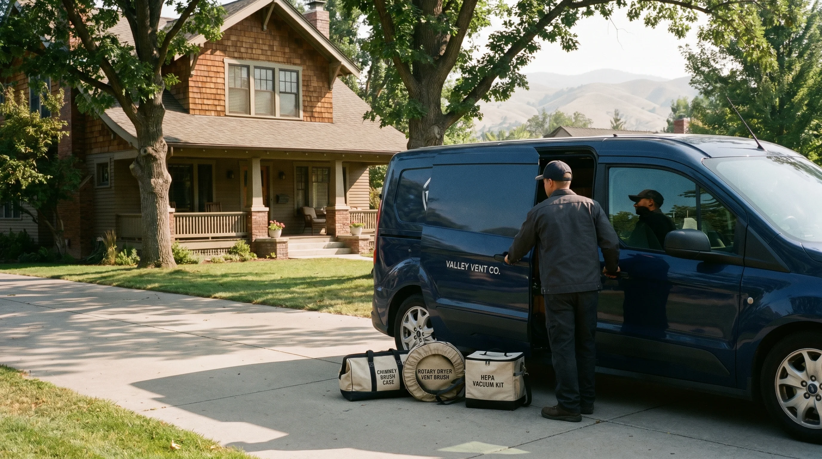 Valley Vent Co. branded van at a Boise home with chimney, dryer vent, and HEPA vacuum tool bags arranged on the driveway
